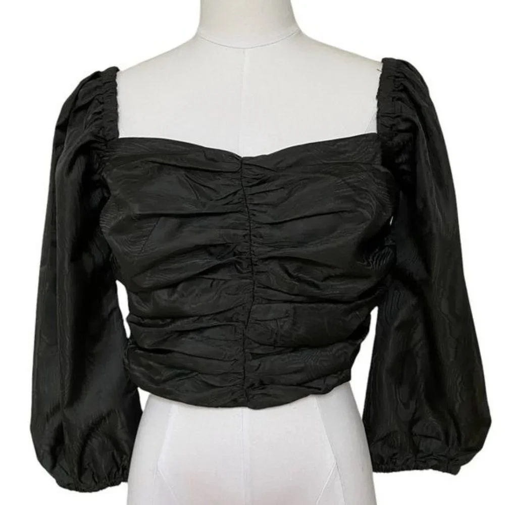 J. Crew Ruched Puff Sleeve Cropped Top in Black Size 10 NWT